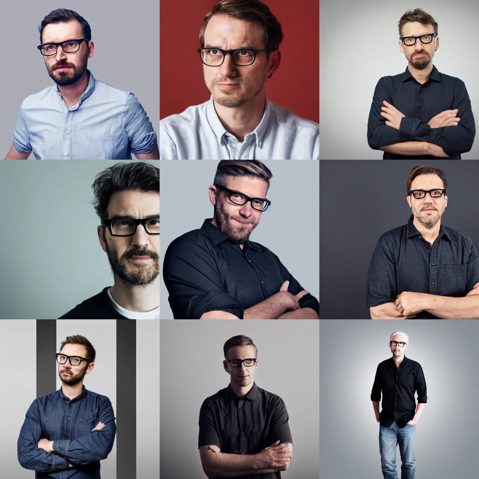 Prompt: a man with glasses, wearing a dark shirt and jeans, arms crossed, friendly open look, white background, promotional image, imax 7 0 mm footage, realistic, highly detailed