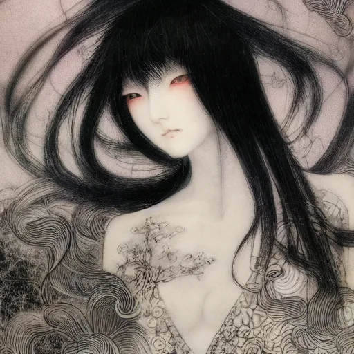 Image similar to yoshitaka amano blurred and dreamy realistic illustration of a japanese woman with black eyes, wavy white hair fluttering in the wind wearing elden ring armor with engraving, abstract patterns in the background, noisy film grain effect, highly detailed, renaissance oil painting, weird portrait angle, blurred lost edges, three quarter view