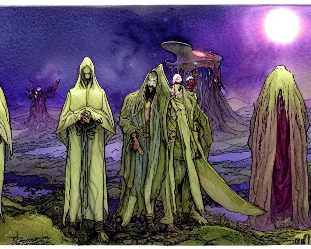 Image similar to a realistic and atmospheric watercolour fantasy character concept art portrait of a group of aliens wearing robes and emerging from the mist on the moors of ireland at night. a ufo is in the sky. by rebecca guay, michael kaluta, charles vess and jean moebius giraud