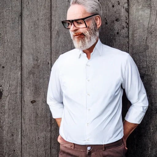 Prompt: 5 5 year old white man, tall, salt and pepper curly short hair, looks smart, salt and pepper short beard, wearing round glasses, a white shirt and a brown vest.