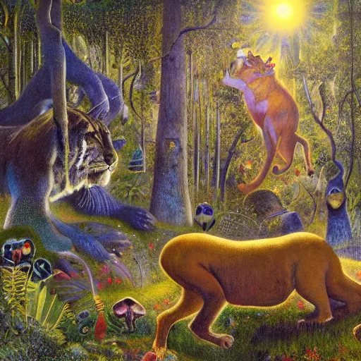 Prompt: psychedelic big cats hiding in the trees lush pine forest, outer space, milky way, designed by arnold bocklin, jules bastien - lepage, tarsila do amaral, wayne barlowe and gustave baumann, cheval michael, trending on artstation, star, sharp focus, colorful refracted sparkles and lines, soft light, 8 k 4 k