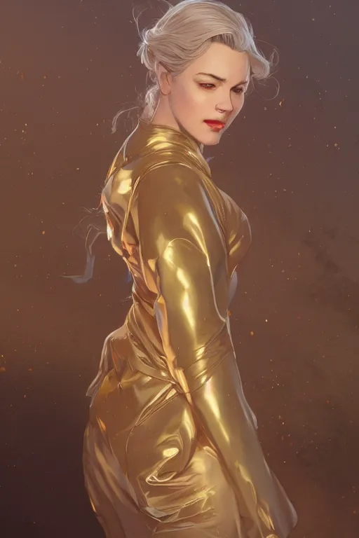 Image similar to a girl wearing a golden dress, grey hair, red necktie, cinematic, stunning, highly detailed, digital painting, artstation, smooth, hard focus, full body shot, illustration, art by artgerm and greg rutkowski and alphonse mucha