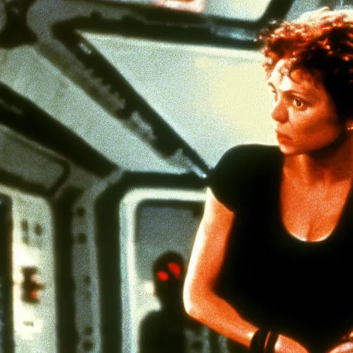 Prompt: film still of Mila Jovavich as Ripley from Aliens 1986