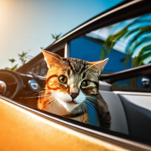 Image similar to top view of cabriolet, cat behind steering wheel looking happy, golden hour