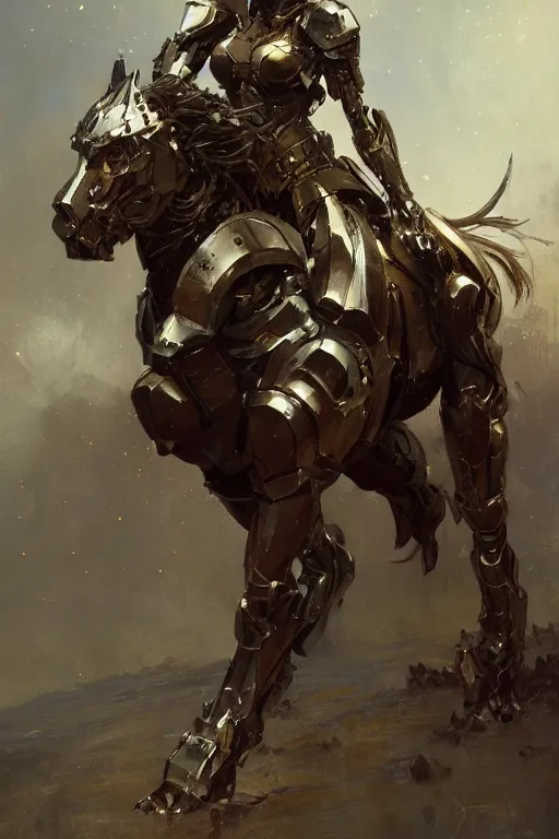 Prompt: portrait full body girl metal armor and metal horse poses by gaston bussiere, greg rutkowski, yoji shinkawa, yoshitaka amano, tsutomu nihei, donato giancola, tim hildebrandt, digital painting, trending on artstation, featured on pixiv, cinematic composition, 8 k