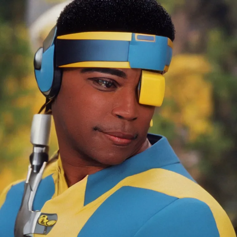 Image similar to geordi la forge wearing retro visor and feather earrings on the starship enterprise