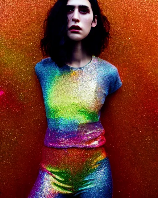 Prompt: hila klein, wearing an oufit made from rainbow glitter, weird expressionist pose, modern fashion, half body shot, photo by greg rutkowski, female beauty, f / 2 0, symmetrical face, warm colors, depth of field