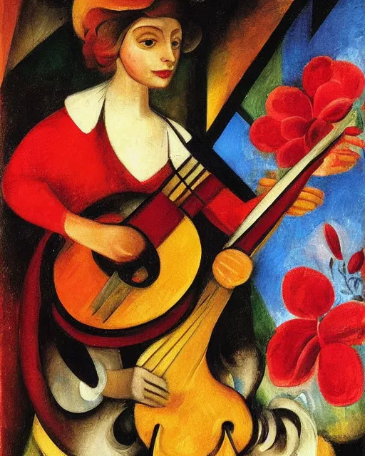 Prompt: baroque portrait of a anthropomorphic cat playing a lute, garden with flowers, bright red color palette, digital art, award winning, cubism, by franz marc