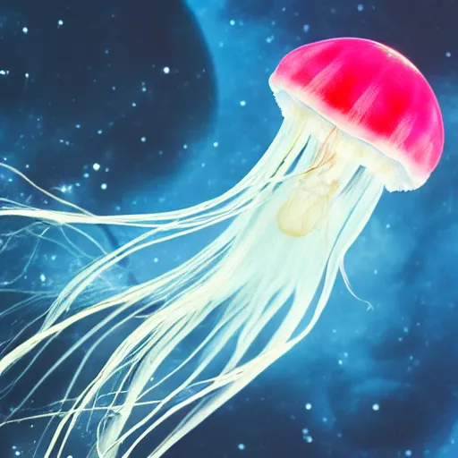 Prompt: a jellyfish in space, closeup photo, epic shot, Tooth Wu style, 4K