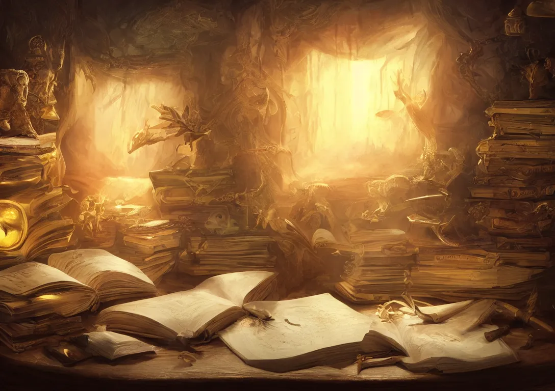 Prompt: a painting of a magical book laying open on a desk, fantasy concept art, golden hour, cinematic lighting, highly detailed