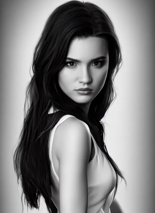 Image similar to full body portrait of a beautiful young woman in black and white, photorealistic, hair down to waist, sharp focus, in the style of Kevin Kostic, Stephen Lau and artgerm, hyper sharp focus, 8k highly detailed