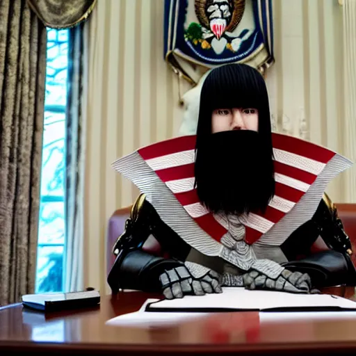 Prompt: a person cosplaying griffith from berserk by kentaro miura sitting at white house desk with american flag at his side