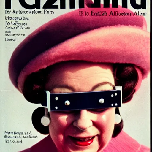 Prompt: magazine cover photo of Elizabeth II using gigantic googles on fire portrait photo by Slim Aarons in 1965 TIMES magazine cover photo, color