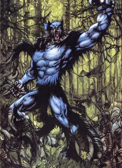 Prompt: sonic as wolverine in a forest by gerald brom by mikhail vrubel