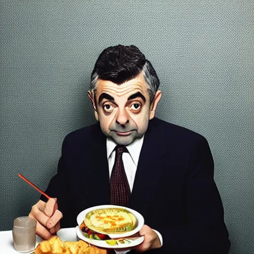 Prompt: photo of rowan atkinson eating inside of a mcdonald's restaurant, highly detailed, extremely high quality, hd, 4 k, 8 k, professional photographer, 4 0 mp, lifelike, top - rated, award winning, realistic, detailed lighting, detailed shadows, sharp, no blur, edited, corrected, trending