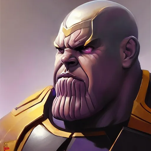 Image similar to greg manchess portrait painting of thanos as overwatch character, medium shot, asymmetrical, profile picture, organic painting, sunny day, matte painting, bold shapes, hard edges, street art, trending on artstation, by huang guangjian and gil elvgren and sachin teng