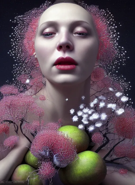 Image similar to hyper detailed 3d render like a Oil painting - Aurora (Singer) Eats of the Strangling Fruit and Her gossamer polyp blossoms bring iridescent fungal flowers whose spores black the foolish stars by Jacek Yerka, Mariusz Lewandowski, Houdini algorithmic generative render, Abstract brush strokes, Masterpiece, Edward Hopper and James Gilleard, Zdzislaw Beksinski, Mark Ryden, Wolfgang Lettl, hints of Yayoi Kasuma, octane render, 8k