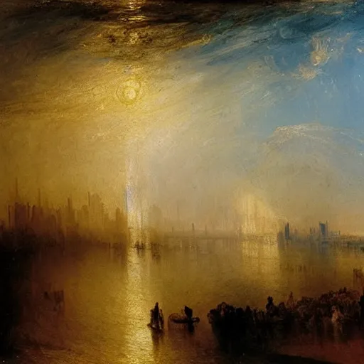 Image similar to high quality oil painting by j. m. w. turner, hudson river with manhattan skyline