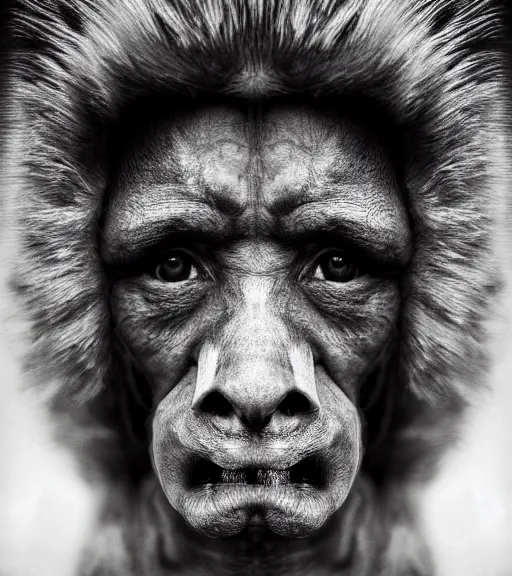 Prompt: Award winning Editorial photograph of Early-medieval doge Baring its teeth with incredible hair and fierce hyper-detailed eyes by Lee Jeffries and David Bailey, 85mm ND 4, perfect lighting, a heart-shaped birthmark on the forehead, dramatic highlights, wearing traditional garb, With very huge sharp jagged Tusks and sharp horns, gelatin silver process