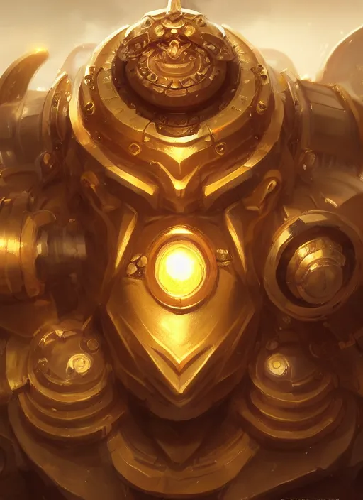 Image similar to a highly detailed illustration of gentle colossal golden mechanical giant, with cute doting eyes, intricate, elegant, highly detailed, centered, digital painting, artstation, concept art, smooth, sharp focus, league of legends concept art, wlop.