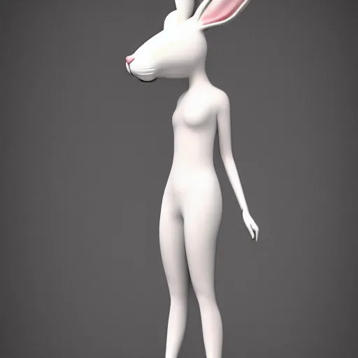 Image similar to beautiful fit female anthropomorphic rabbit with symetric face wearing dress, full body, vray, 5 5 mm