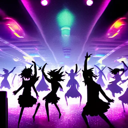 Image similar to dark dancing silhuettes in a dance club, colorful lights, dramatic lighting, a lot of energy, still from an anime by studio ghibli