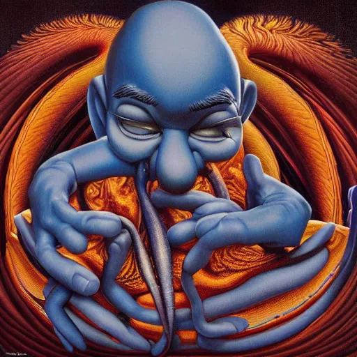 Prompt: the smurfs on tool album cover, 8 k resolution hyperdetailed, surrealism style of alex grey, extremely highquality