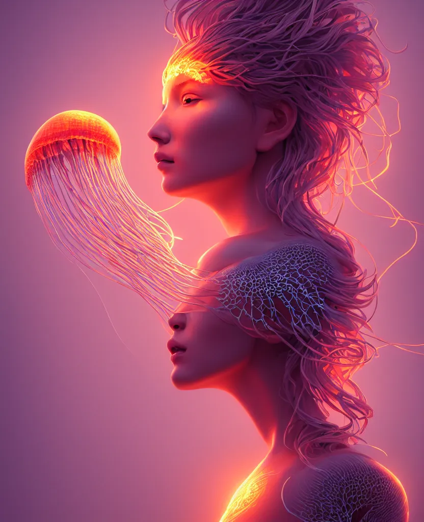 Image similar to goddess portrait. jellyfish phoenix head. intricate artwork by Tooth Wu and wlop and beeple. octane render, trending on artstation, greg rutkowski very coherent symmetrical artwork. cinematic, hyper realism, high detail, octane render, 8k