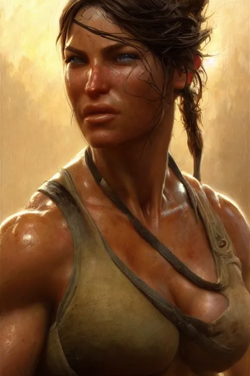 Image similar to muscular sweat lara croft, face close up, highly detailed painting by gaston bussiere, craig mullins, j. c. leyendecker 8 k