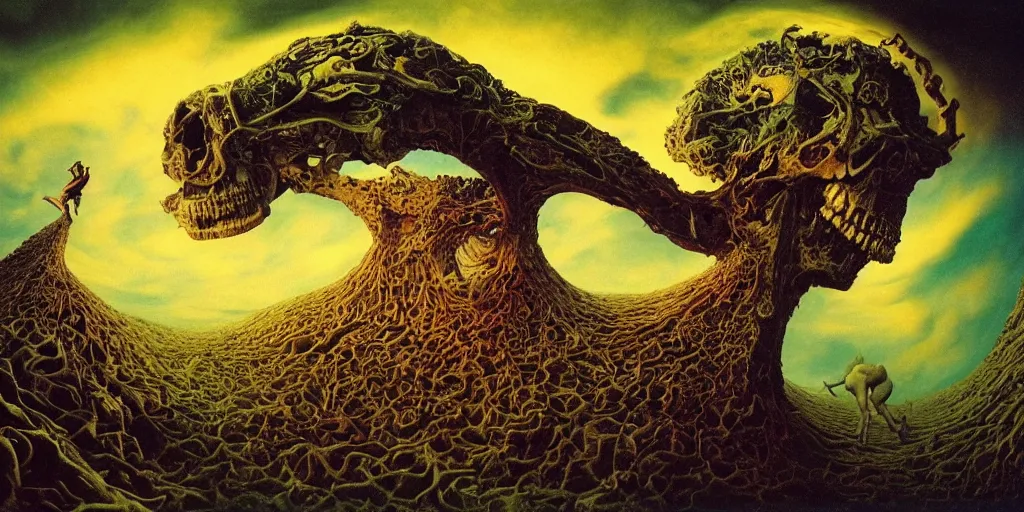 Prompt: ultrawide angle colour masterpiece surreal closeup portrait photography of surrealism by annie leibovitz and michael cheval, incredible sense of depth and perspective and clarity, weird surreal epic psychedelic complex biomorphic 3 d fractal landscape giant beast skull by kilian eng and roger dean and giger and salvador dali and beksinski, 8 k