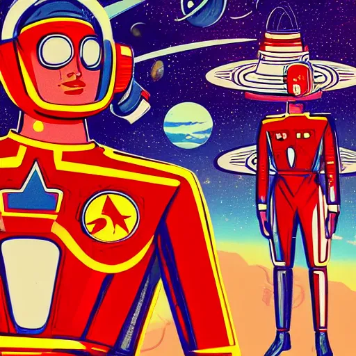 Prompt: 1 9 5 0 s pulp, space hero in red and metal suit, starships in the background, in the style of vaporwave, hyper detailed