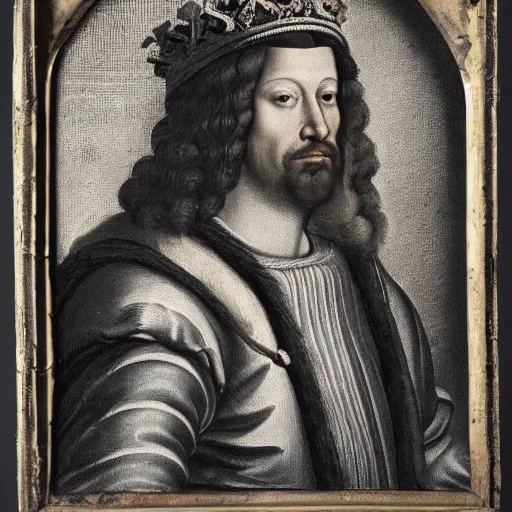 Prompt: a renaissance style portrait of Camelus dromedarius wearing a crown and a cape, dark background