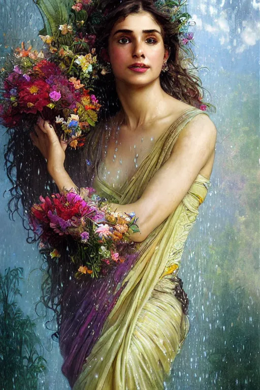 Image similar to portrait of a beautiful woman wearing a sari dress, holding a bouquet of flowing flowers, drenched body, wet dripping hair, emerging from the water, fantasy, regal, fractal crystal, fractal gems, by stanley artgerm lau, greg rutkowski, thomas kindkade, alphonse mucha, loish, norman rockwell