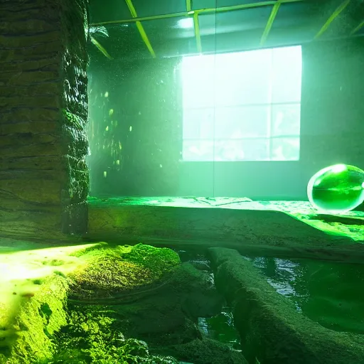 Prompt: a ray of light casts through a glass filled with green slime, unreal engine 9, photorealistic