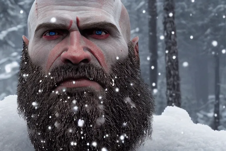 Image similar to vfx movie live action god of war closeup, natural grizzled skin, photoreal, grey beard, in snowy tahoe by emmanuel lubezki