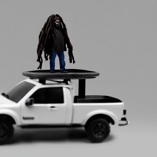 Image similar to black man action figure with dreads standing on top of a black rc pickup truck, close up photograph, white background