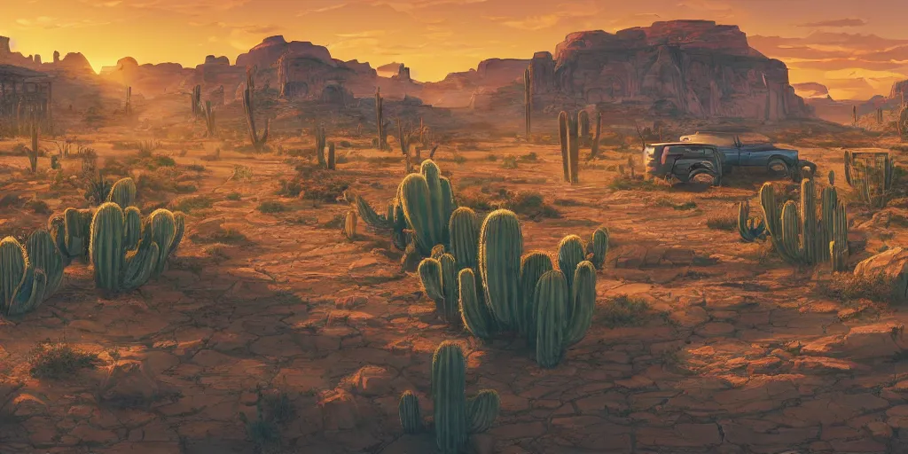 Prompt: a western saloon in the middle of the desert, blue sky and cirrus clouds in background, wide angle by ross tran and makoto shinkai and dan mumford, oasis, cactus, big red rocks, tumbleweeds, pulp sci - fi illustration, very detailed, 4 k horizontal wallpaper,