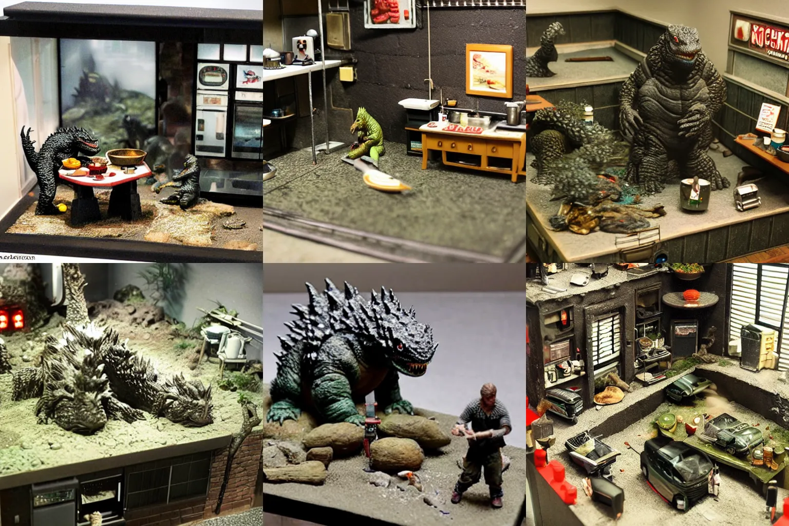 Prompt: miniature diorama of godzilla's kitchen