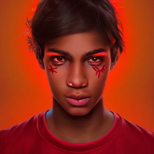 Image similar to colorful and festive captivating teenager with straight brown hair covering his eye, dark skin, big lips, big eyes, wearing a red t - shirt. rich vivid colors, ambient lighting, dynamic lighting, 4 k, atmospheric lighting, painted, intricate, highly detailed by charlie bowater