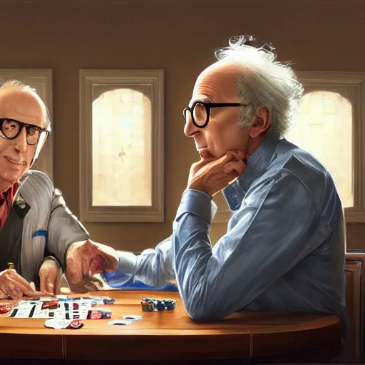 Image similar to larry david playing poker with woody allen, elegant, intricate, digital painting, artstation, concept art, smooth, sharp focus, illustration, art by artgerm and greg rutkowski and alphonse mucha