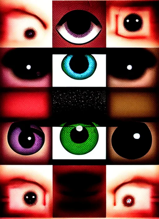 Image similar to grid montage of cube shaped eyes, square shaped black dilated pupils, cube shaped irises, detailed colored textures, eyelashes, advanced art, art styles mix, from wikipedia, wet reflections in square eyes, sunshine light, hd macro photograph, from side, various eyelid positions, square black pupil centered