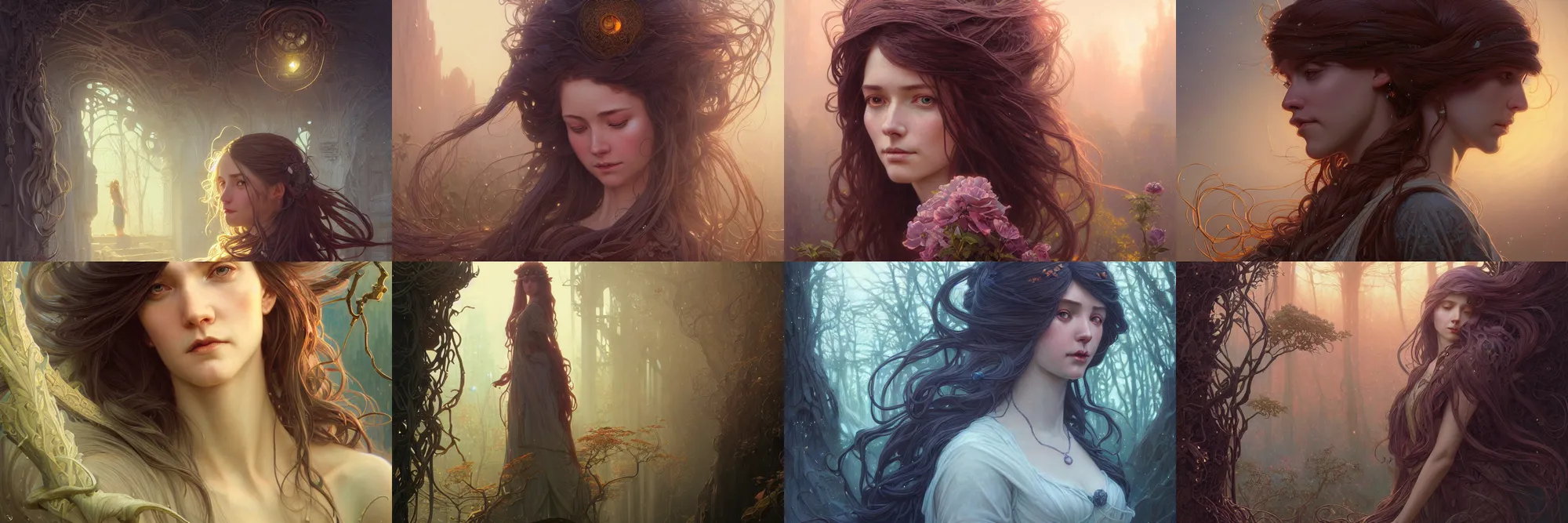 Image similar to highly detailed portrait of a woman with long hairs, stephen bliss, unreal engine, fantasy art by greg rutkowski, art nouveau, loish, rhads, ferdinand knab, makoto shinkai and lois van baarle, ilya kuvshinov, rossdraws, tom bagshaw, alphonse mucha, global illumination, radiant light, detailed and intricate environment