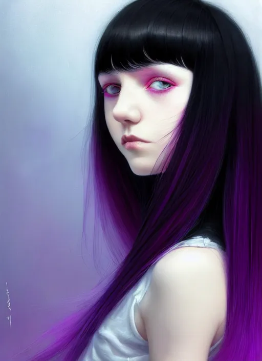 Image similar to hair blackbangs hair, white hair, blackbangswhitehair, portrait of teenage girl with black bangs, red irises, purple clothes, black bangs, bangs are white hair is black, intricate, elegant, glowing lights, highly detailed, digital painting, artstation, concept art, sharp focus, illustration, art by wlop, mars ravelo and greg rutkowski