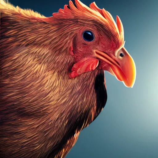 Prompt: photorealistic chicken that is eating chicken nuggets. hyperdetailed photorealism, 1 0 8 megapixels, amazing depth, glowing rich colors, powerful imagery, 3 d finalrender, 3 d shading, cinematic lighting, artstation concept art