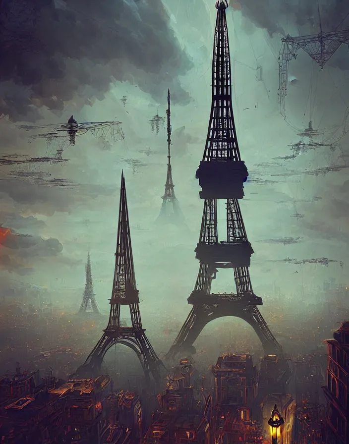 Image similar to a steampunk eiffel tower in heaven, steampunk dirty world, by wlop, greg rutkowski and beeple