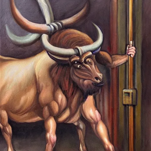 Image similar to a beautiful oil painting painting of the minotaur riding on the subway, staring at his cell phone