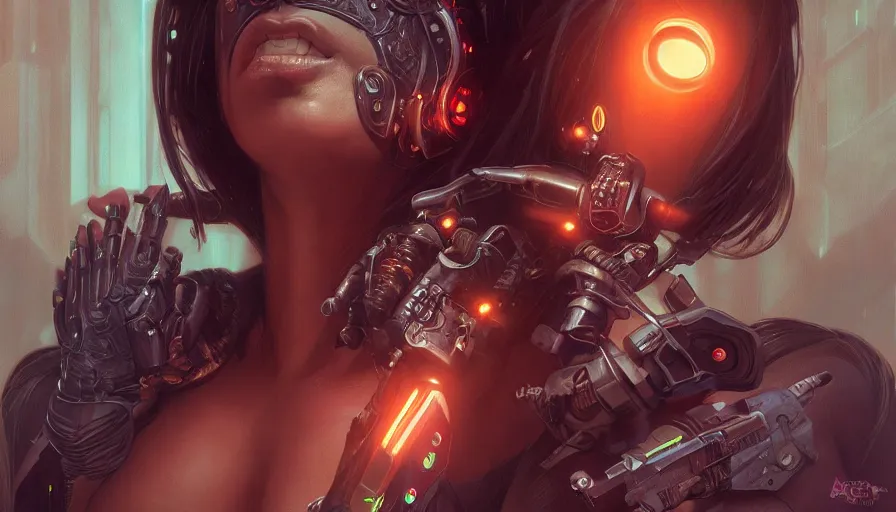 Prompt: no mouth, scream, cyberpunk angry gorgeous goddess, alterd carbon, cigar, neon, fibonacci, sweat drops, insane, intricate, highly detailed, digital painting, artstation, concept art, smooth, sharp focus, illustration, Unreal Engine 5, 8K, art by artgerm and greg rutkowski and alphonse mucha