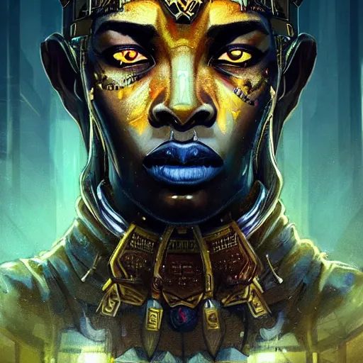 Image similar to a dark and ominous african moor with glowing eyes and a golden crown with a ruby, Apex Legends character digital illustration portrait design, by android jones and greg rutkowski in a cyberpunk voodoo style, detailed, cinematic lighting, wide angle action dynamic portrait