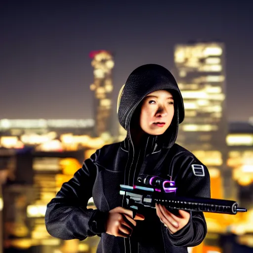 Image similar to photographic portrait of a techwear woman holding a shotgun, closeup, on the rooftop of a futuristic city at night, sigma 85mm f/1.4, 4k, depth of field, high resolution, 4k, 8k, hd, full color