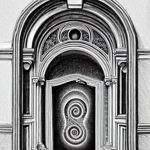 Prompt: golden ratio, perfection, intricate, sublime, heavenly, doorway, detailed, pencil art, spirals, astronaut opening door that shows the universe illustrated by davinci